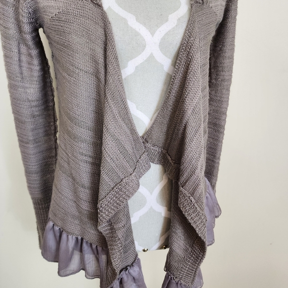 Waffle Knit Open Front Cardigan Ruffled Hem Neutral Size Small - Picture 3 of 10